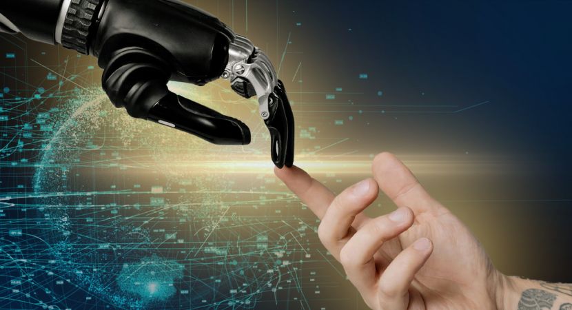 AI Meets 3D Art: A human hand touching a robotic hand
